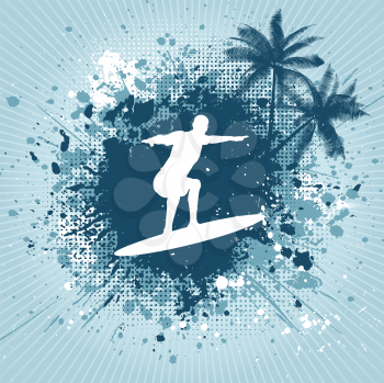 Silhouette of a surfer and palm trees on grunge background