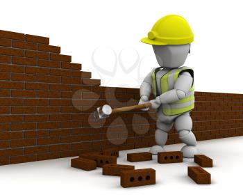 3D render of a man demolishing a wall with a sledge hammer