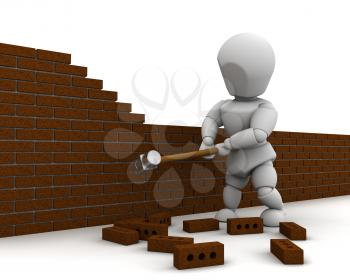 3D render of a man demolishing a wall with a sledge hammer