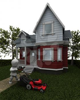 3D render of a man mowing the lawn