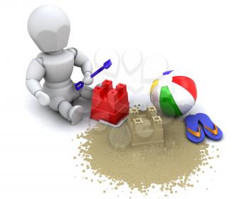 3D render of a man building sandcastle with bucket and spade