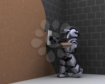 3D render of robot robot contractor plastering a wall