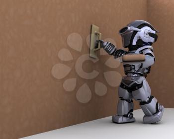 3D render of robot contractor plastering a drywall