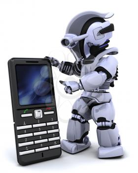 3D render of a robot character witha a smart phone