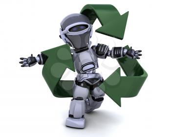 3D render of a robot and recycle sign