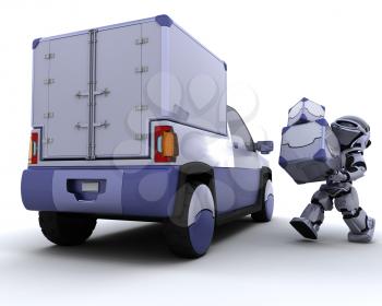 3D render of robot loading boxes into the back of a truck