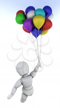 3D render of a man with a big bunch of balloons
