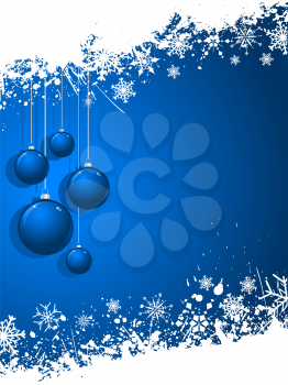 Hanging Christmas baubles on a grunge snowflake background