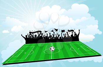Football pitch background with cheering crowd against a blue sky