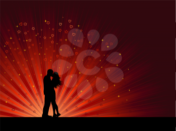 Silhouette of a kissing couple on a background of hearts and stars