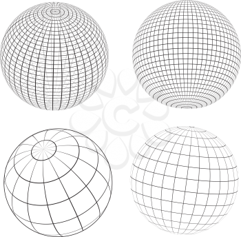 Various designs of wireframe globes