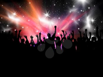 Silhouette of a crowd of party people on a starburst background