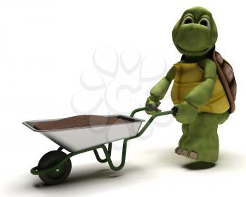 3D render of a tortoise gardener with a wheel barrow carrying soil