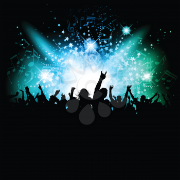 Silhouette of an excited crowd on a music notes background