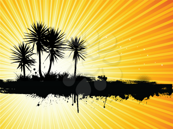 Silhouettes of palm trees on a grunge sunburst background