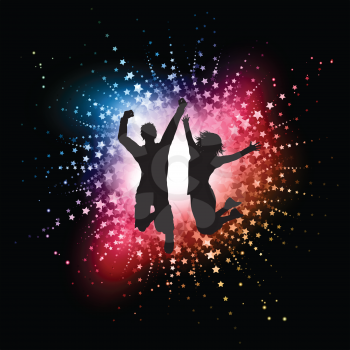 Silhouettes of people jumping on a starburst background
