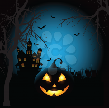 Spooky Halloween background with a pumpkin and haunted house