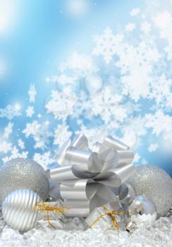 Royalty Free Photo of Christmas Decorations and a Snowflake Background
