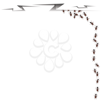 Royalty Free Clipart Image of a Group of Ants Walking in a Line to a Crack in a Road