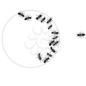 Royalty Free Clipart Image of Ants in a Circle With One Outside