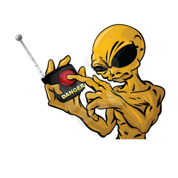 Royalty Free Clipart Image of an Alien Holding a Remote With Danger on It