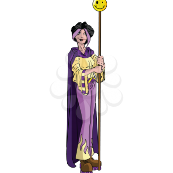 Royalty Free Clipart Image of a Woman in a Cape Holding a Happy Face on a Post