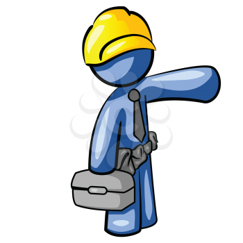 Royalty Free Clipart Image of a Blue Man Construction  Worker Carrying a Tool Box.