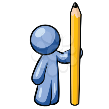 Royalty Free Clipart Image of a Blue Man Holding a Pencil
