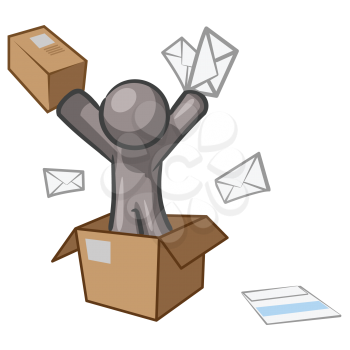 Royalty Free Clipart Image of a Grey Guy Throwing Letters Out of a Box