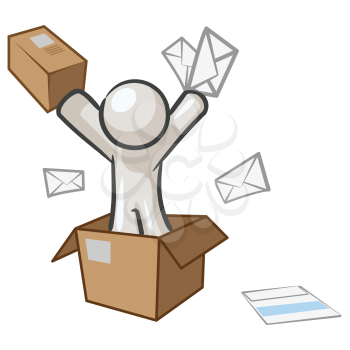 Royalty Free Clipart Image of a Man in a Box Throwing Letters