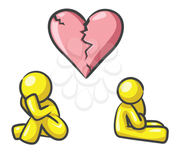 Royalty Free Clipart Image of a Yellow Couple and a Broken Heart