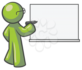 Royalty Free Clipart Image of a Green Guy Wearing Glasses in Front of a White Board