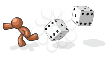 Royalty Free Clipart Image of a Brown Guy Running From Dice