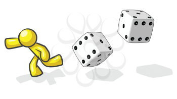 Royalty Free Clipart Image of a Yellow Guy Running From Dice
