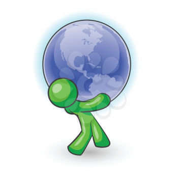Royalty Free Clipart Image of a Green Man Carrying a Globe