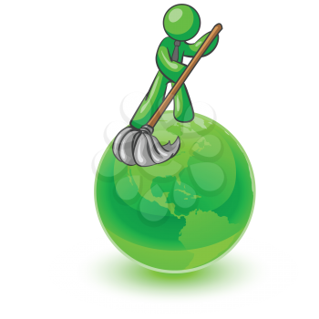 Royalty Free Clipart Image of a Green Man Mopping the Earth