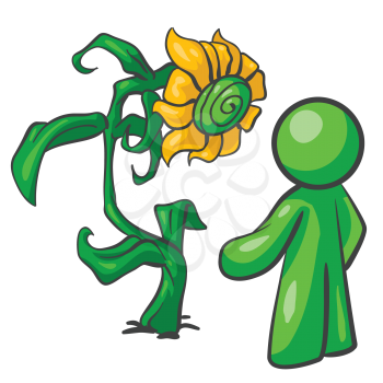 Royalty Free Clipart Image of a Green Man With a Flower