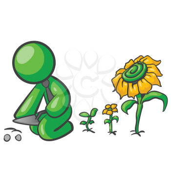 Royalty Free Clipart Image of a Green Man Planting Flowers