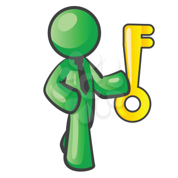 Royalty Free Clipart Image of a Green Man With a Yellow Key