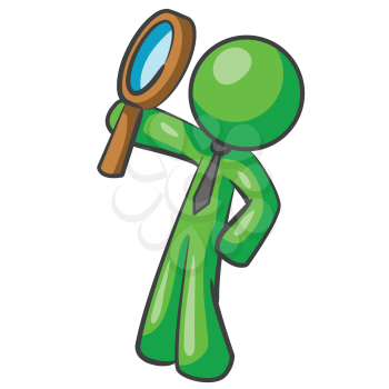Royalty Free Clipart Image of a Green Man Looking Through a Magnifying Glass