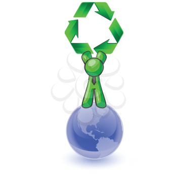 Royalty Free Clipart Image of a Green Man Standing on the Earth Holding a Recycling Symbol