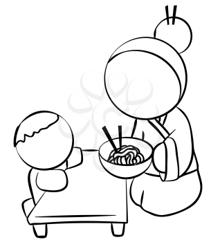 Royalty Free Clipart Image of a Japanese Woman and Child at Dinner