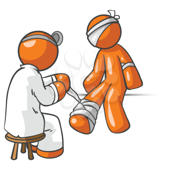 A vector illustration of an orange doctor treating an orange man who is very accident prone. 