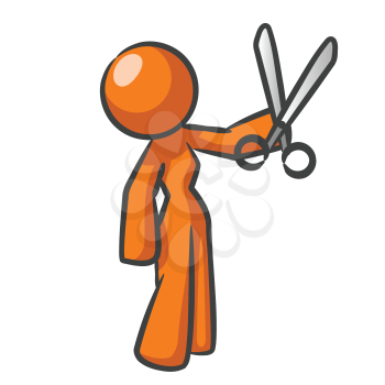 Royalty Free Clipart Image of an orange lady holding scissors.