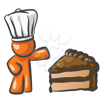 An orange man chef holding his arm out to a large slice of cake. 