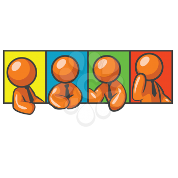 Orange men in a row looking social. Backgrounds of Yellow, Blue, Green, and Red. 