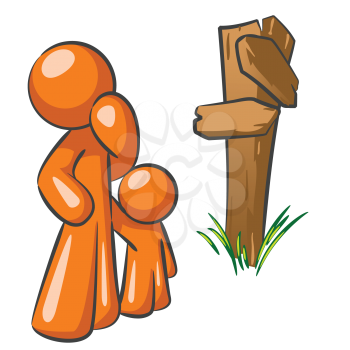 An orange man parent and his child at a crossroads. A good concept in making choices as a parent. 