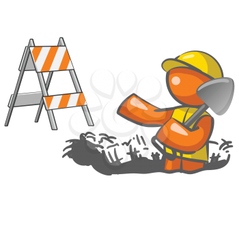  An orange man digging a hole with a roadblock element in the background. 