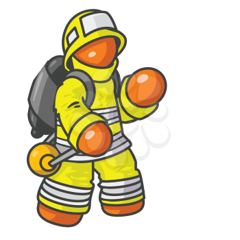 An orange fire man with his arms out, as if something could be placed in his hands to hold. 