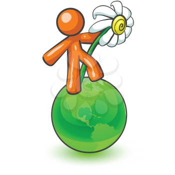 An orange man holding a large daisy while standing on top of a green earth. 
